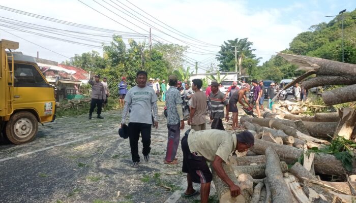 Polsek Lembar Amankan Pemangkasan Pohon di Jalan Utama Desa Lembar Selatan